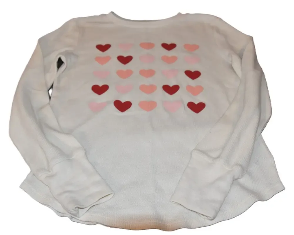 Gap Kids, Long Sleeve Thermal Printed Shirt, White with Hearts, XXL 14/16, VGU